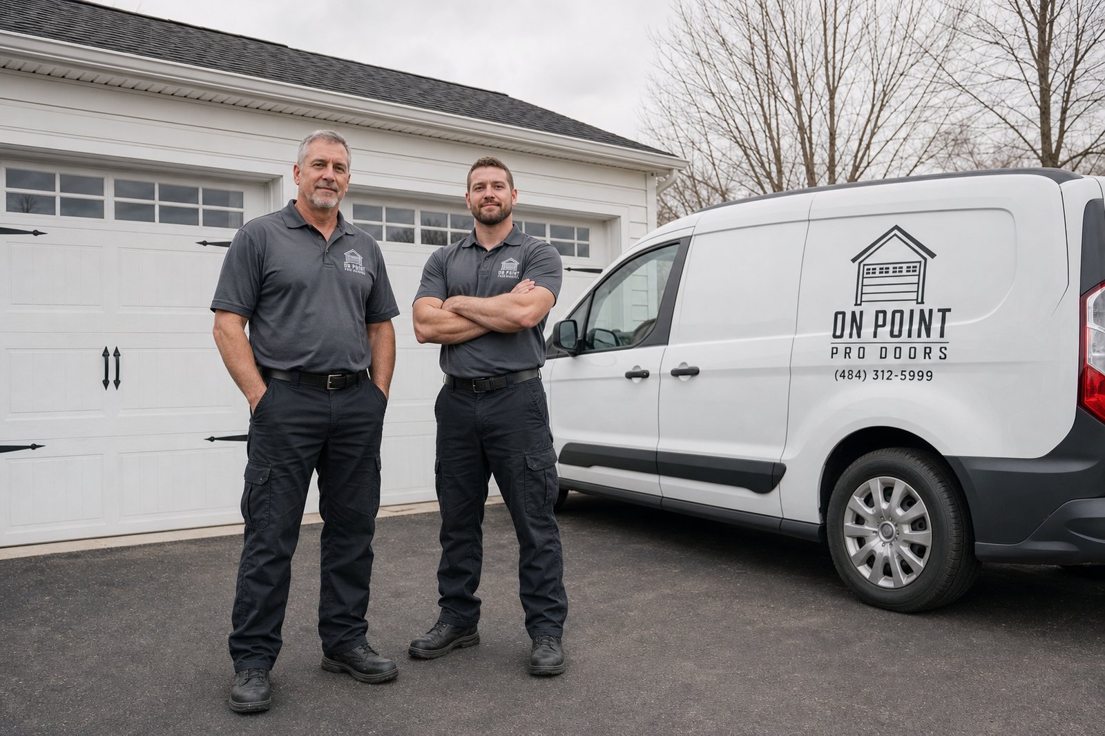 Pennsylvania technicians beside their service van, a residential garage door behind them