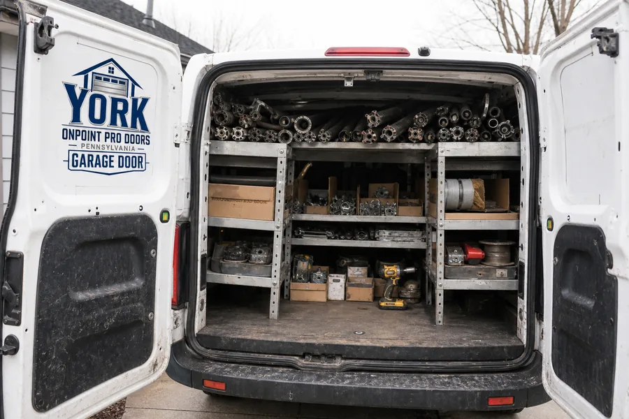 Inside the OnPoint Pro Doors Pennsylvania van: springs, rollers, drums and hinges stocked for York