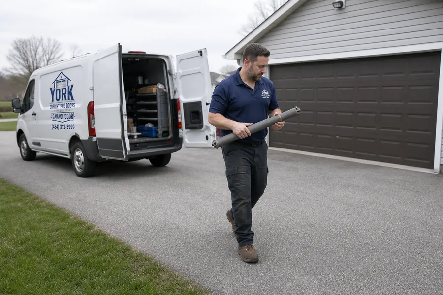 A OnPoint Pro Doors Pennsylvania technician bringing a torsion spring from the van in York, PA